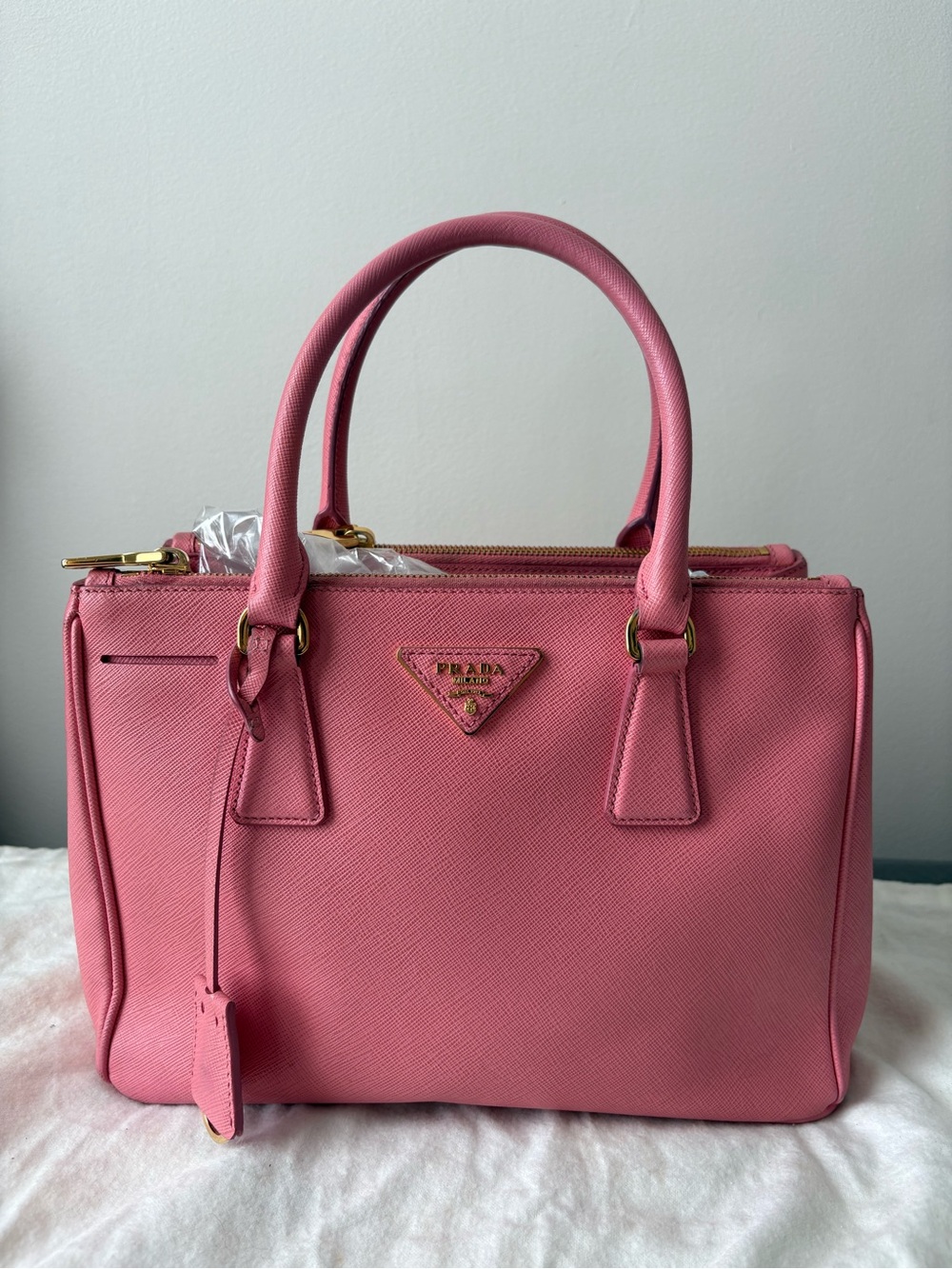 Prada Pink Saffiano Leather Satchel with Gold Hardware